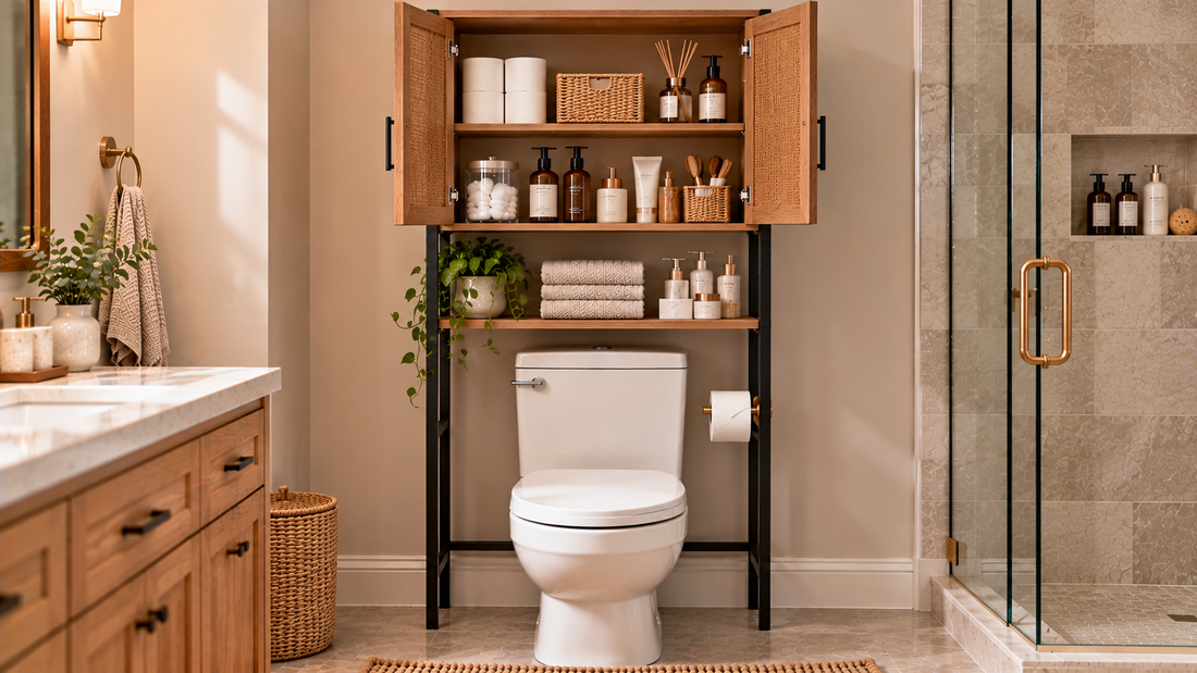 Open-and-cabinet over-the-toilet storage organizing visible everyday bathroom supplies and concealed backups above a single toilet.