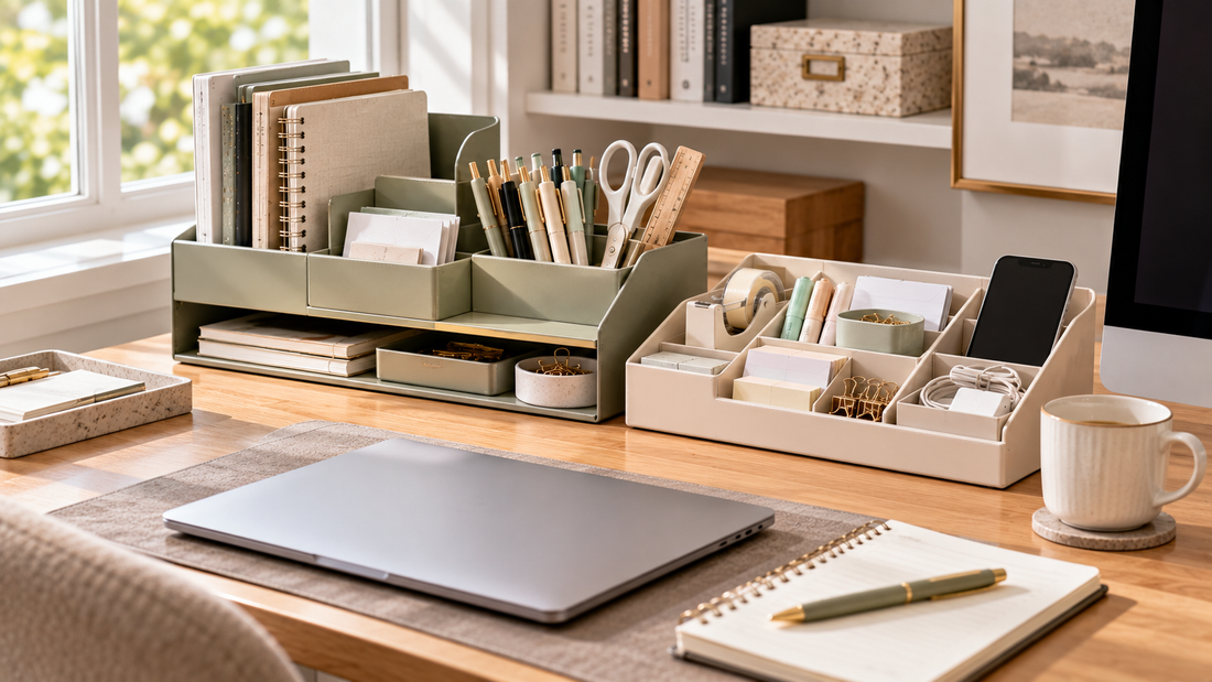 Open desk organizers keeping frequently used pens, notebooks, sticky notes, clips, and tech accessories visible at a glance for easy identification.