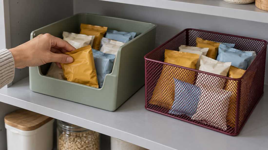 Hand retrieving a snack packet from a sage open-front bin beside a burgundy open-top mesh basket on a pantry shelf.
