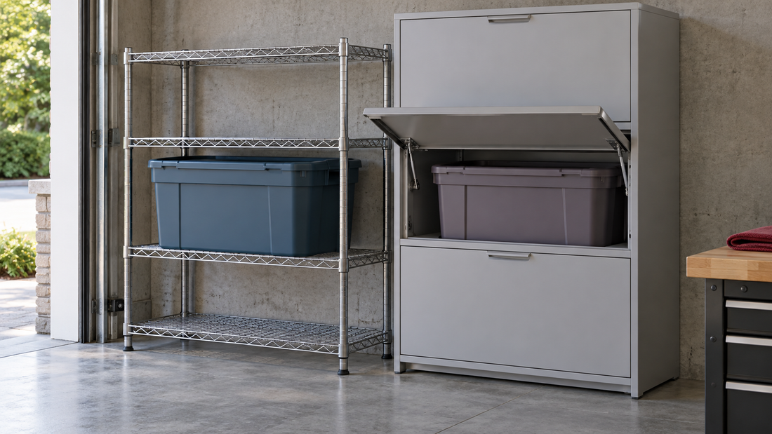 Open wire garage shelving beside a cabinet with a raised flip-up door, showing access openings around large storage containers.