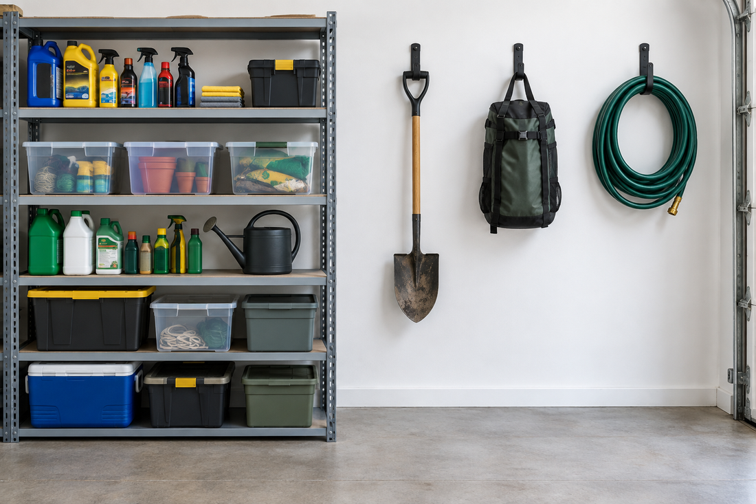 Open metal shelving with car-care containers and supply bins on the left beside wall-mounted hooks holding a garden tool gear bag and coiled hose on the right