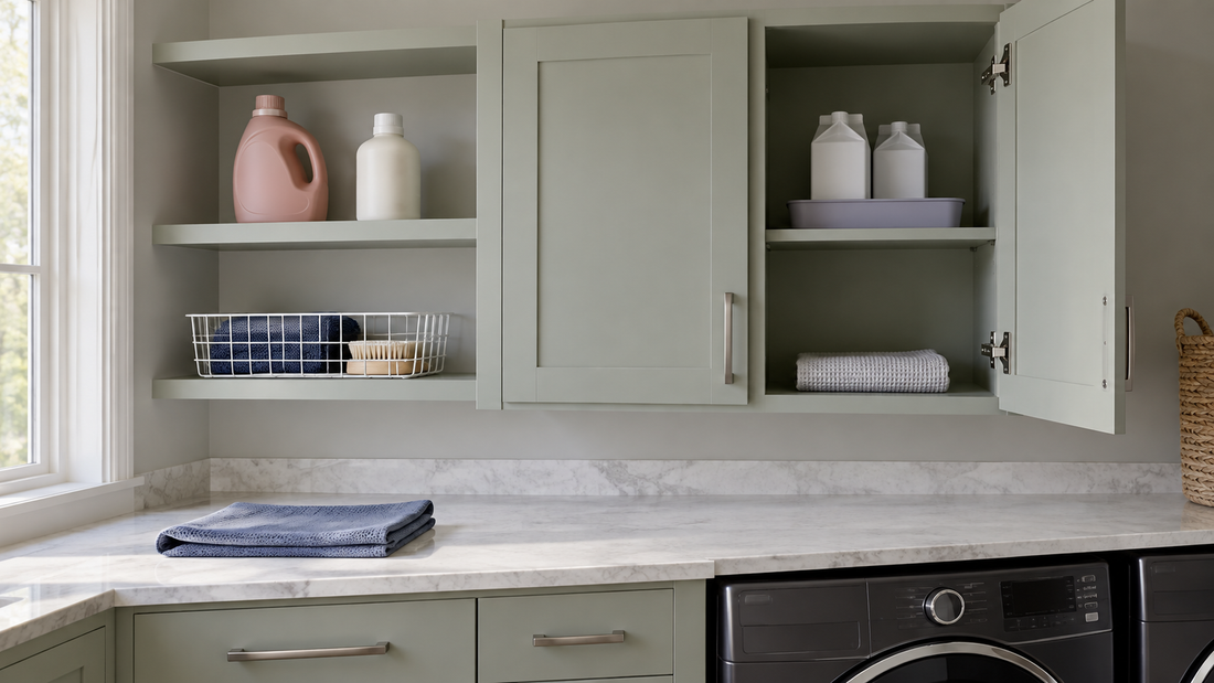 Sage laundry shelving with exposed supplies beside a cabinet with one door closed and one open, showing organized supplies above a washer.