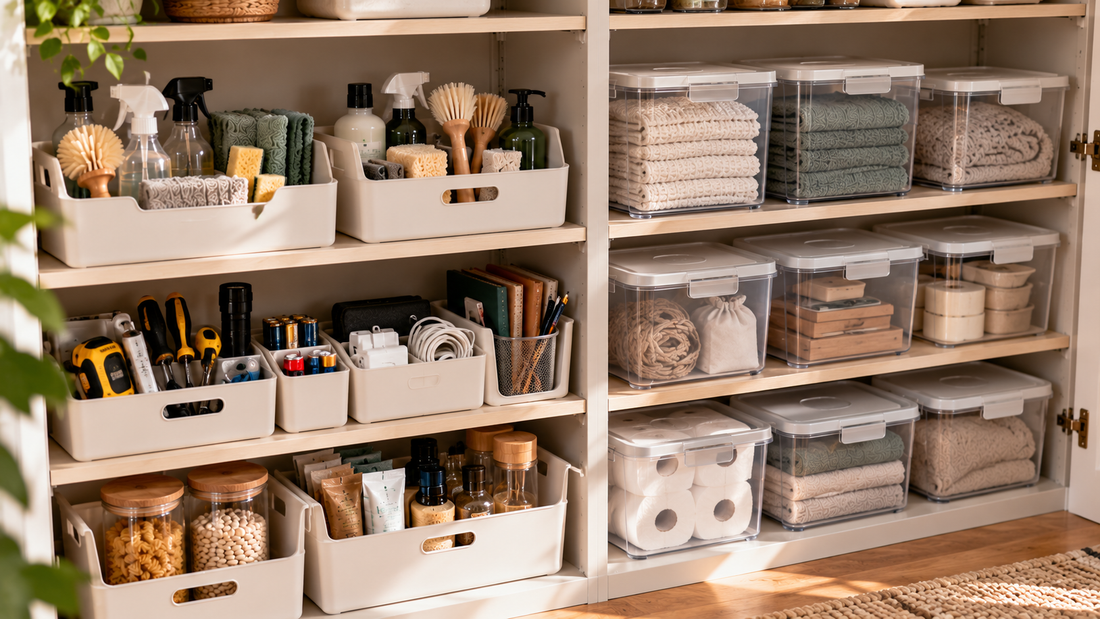 Open organizers keeping frequently used household supplies visible beside lidded storage containers protecting less frequently accessed items.  