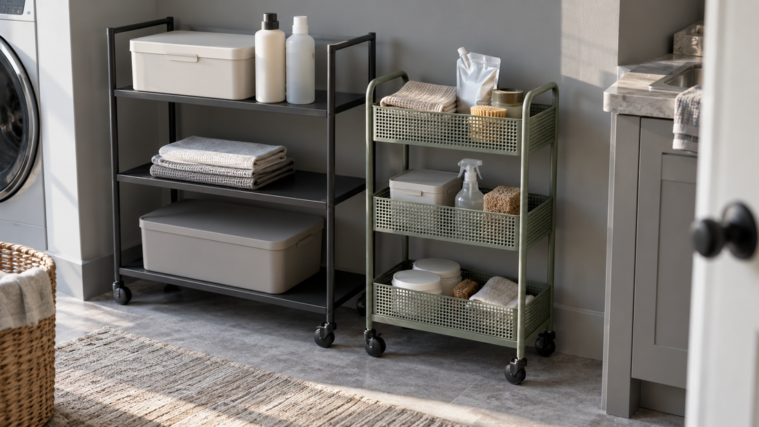 Open-shelf rolling cart and basket-style rolling cart holding mixed household supplies in one utility room