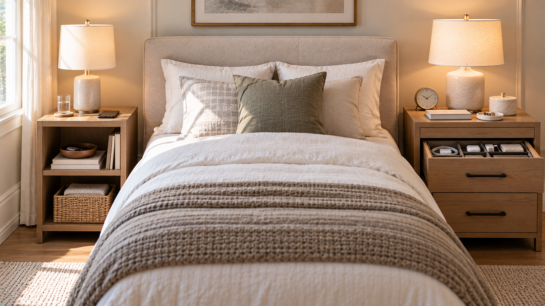 Open-shelf and drawer nightstands beside a bed, comparing visible access for frequently used items with enclosed storage for smaller bedside essentials.
