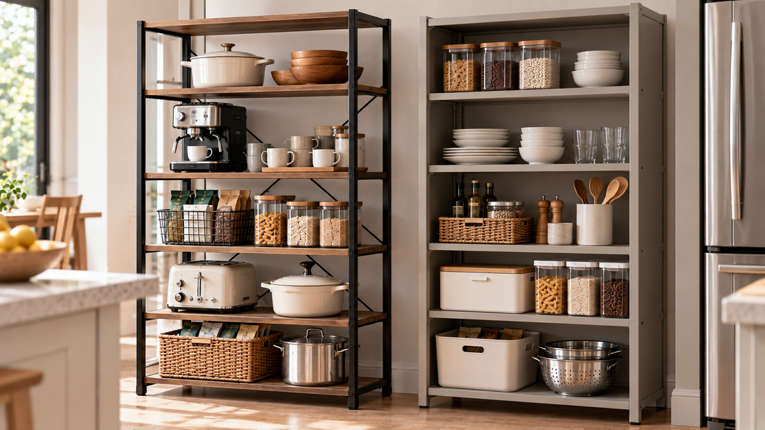 Open-sided and enclosed-sided kitchen storage racks compared for organizing cookware, appliances, pantry supplies, and everyday kitchen essentials.