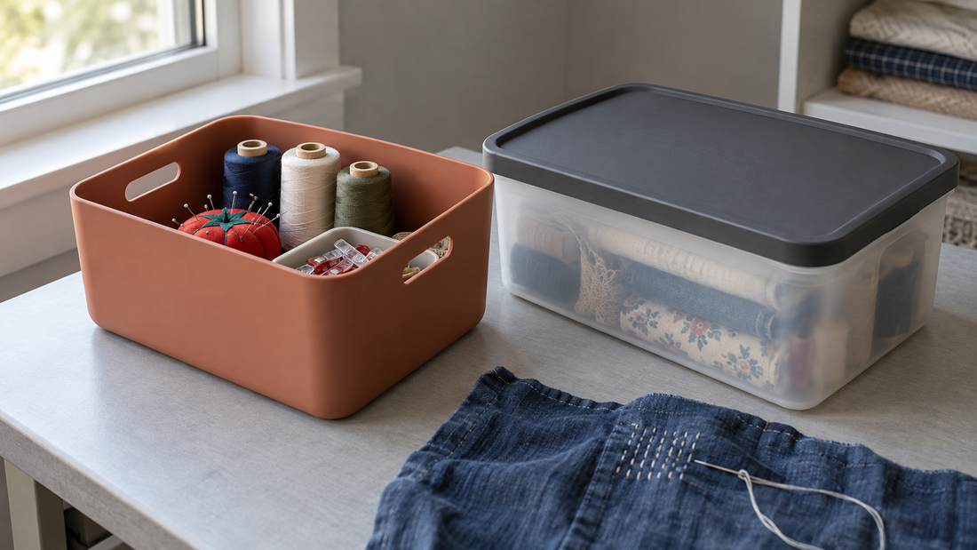 Terracotta open bin with sewing supplies beside a translucent storage bin with a charcoal lid on a sunlit gray worktable.