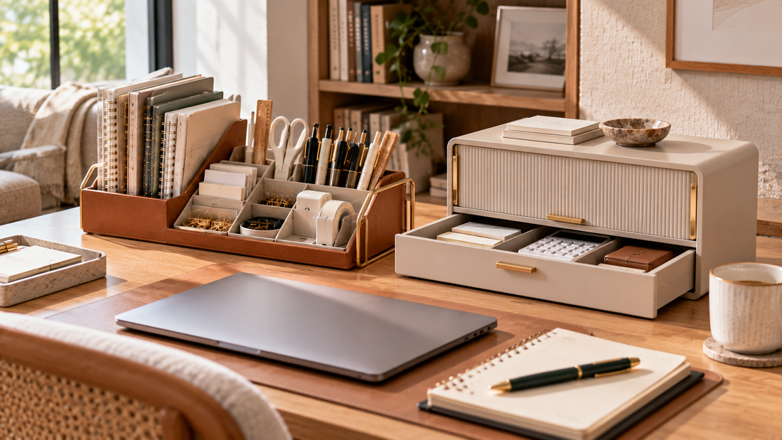 Open desk organizer keeping frequently used office supplies visible beside enclosed desktop storage concealing additional work items in a modern home office.