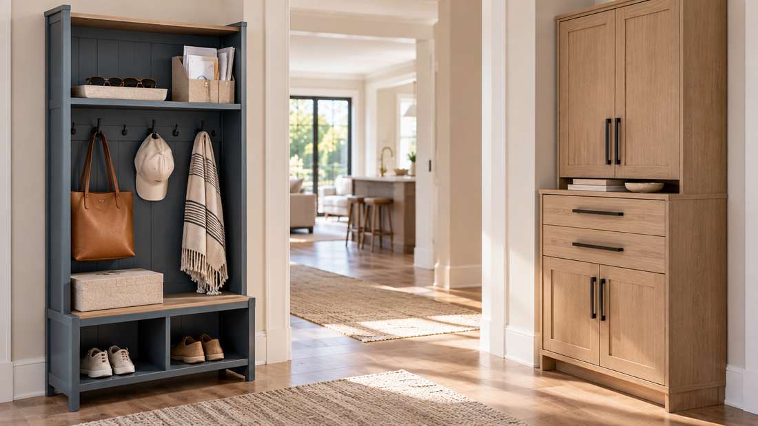 Open entryway storage with accessible everyday items beside enclosed cabinet storage for reducing visual clutter in a modern mudroom.