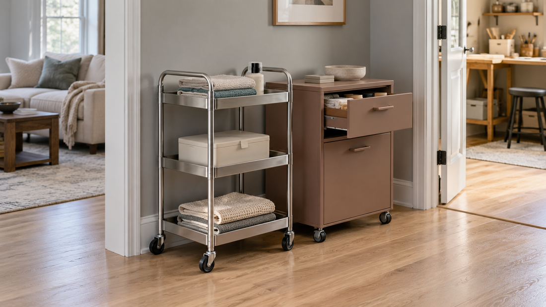 Open rolling cart and enclosed rolling cabinet positioned between rooms for shared household supplies
