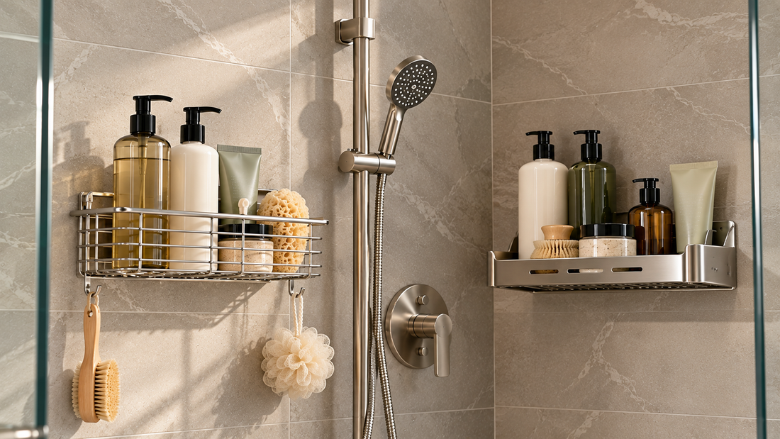 Open-wire and solid-shelf shower caddies mounted inside one modern shower, showing drainage and stable storage for bottles and small bath products.