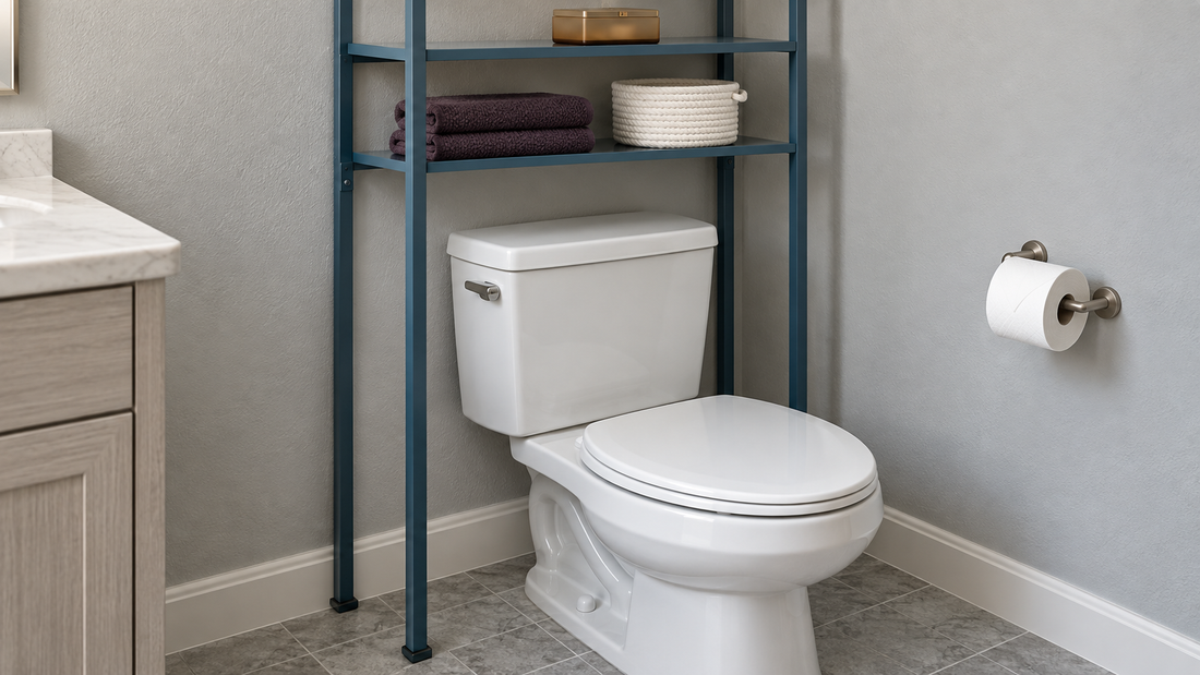 Blue over-the-toilet shelving holds towels and a white basket above a clear toilet tank lid, with open space beneath the lowest shelf.