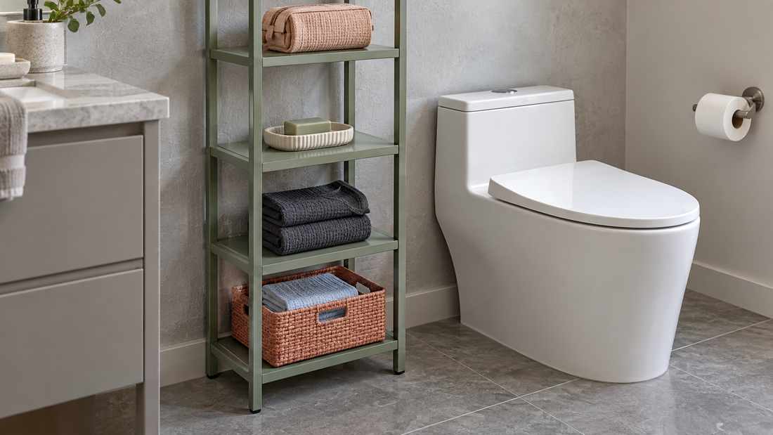 A sage bathroom shelving unit holds a basket on its lowest shelf and folded towels above, beside a modern white skirted toilet.