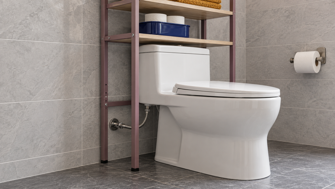 A mauve over-the-toilet storage frame has a lower crossbar positioned above the visible water supply connection beside a modern white toilet.