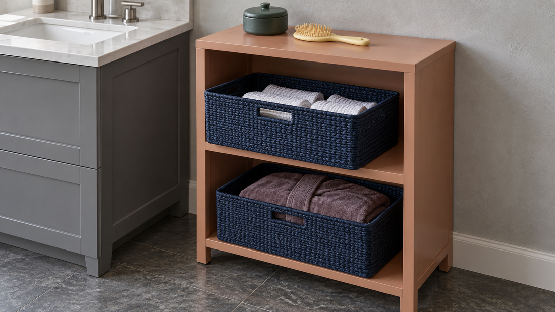 Navy baskets with front cutout handles sit on apricot bathroom shelves, with visible clearance above their rims for removal and return.