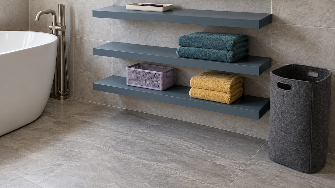 A charcoal floor hamper stands beside slate-blue bathroom shelves, leaving clear floor space in front of the lowest shelf.