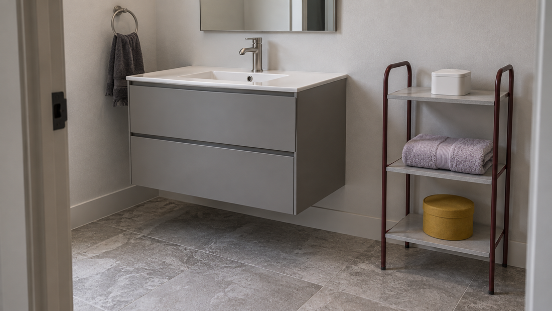 A burgundy shelving unit stands beside a floating gray vanity, leaving clear floor space for sink use and access to stored items.