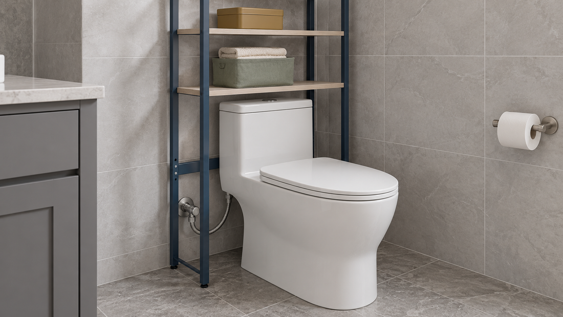 An indigo over-the-toilet shelving unit surrounds a modern white toilet, with its lower crossbar positioned above the visible water supply connection.