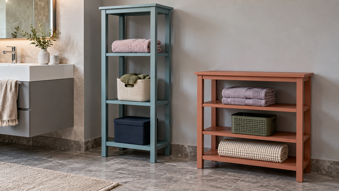 A tall blue bathroom shelving unit stands beside a low terracotta unit, each with three shelves holding linens and containers at different heights.