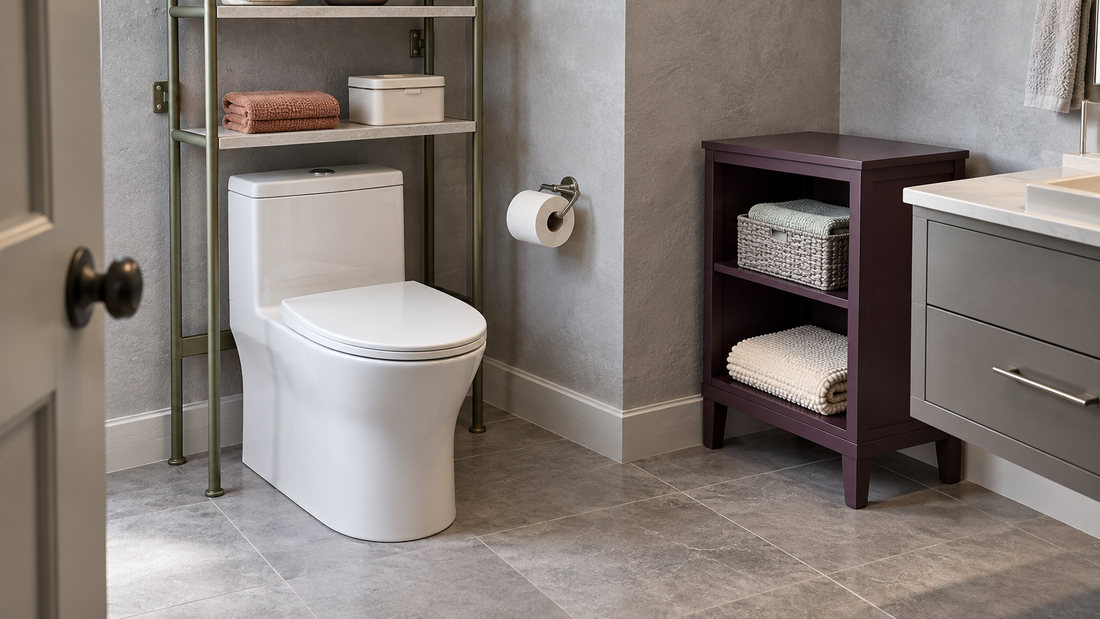 Olive shelving surrounds a modern white toilet, while a plum standalone unit occupies a separate floor position beside the vanity.
