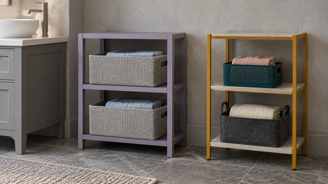 Lavender bathroom shelves hold matching gray baskets beside mustard shelving paired with a teal metal basket and a charcoal felt basket.