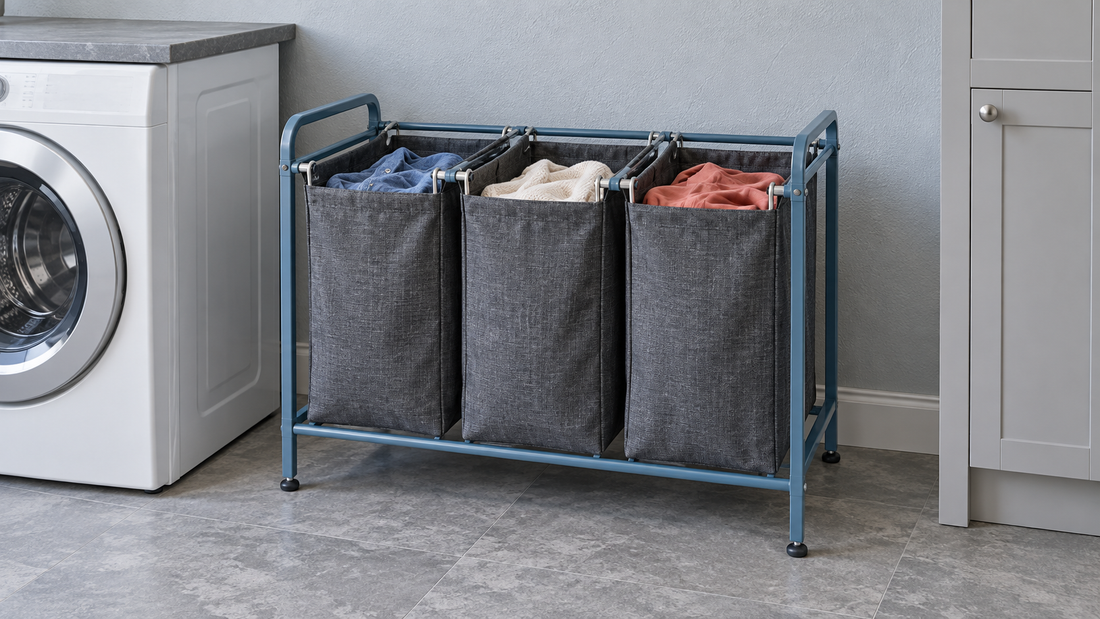 A blue laundry sorter holds three charcoal removable bags beside a washing machine, with open space above and clear floor access in front.