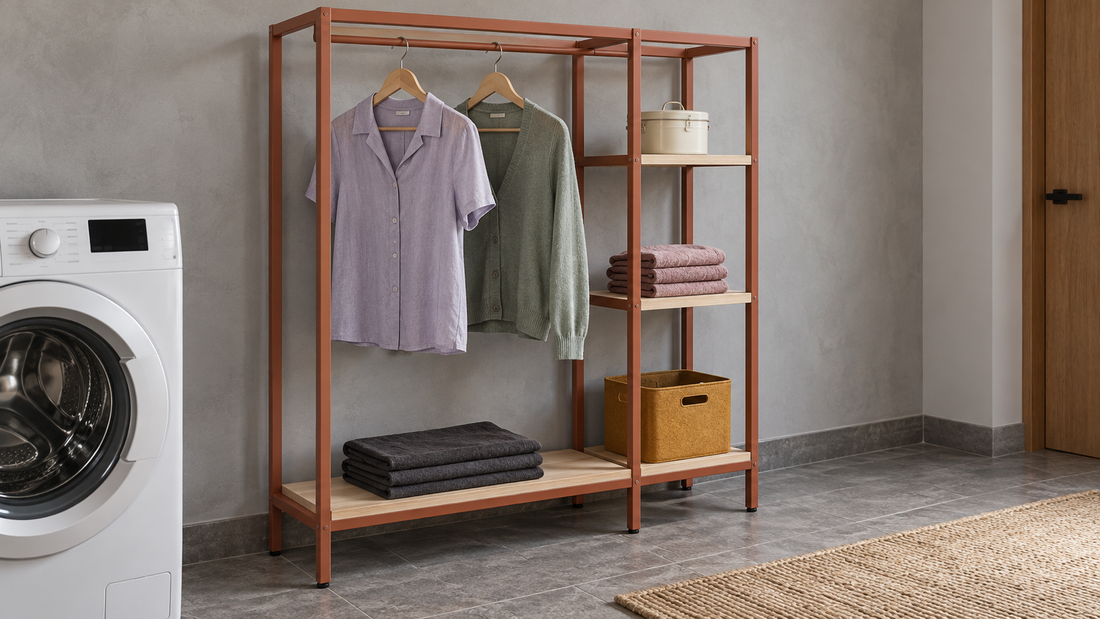 A terracotta laundry rack holds two hanging garments above folded linens, with separate side shelves and clear space beneath the garment hems.