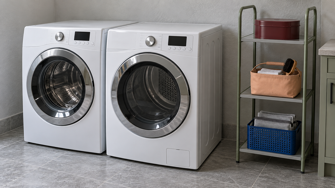 A green laundry shelf stands beside white appliances, leaving their front control panels visible and unobstructed for everyday operation.