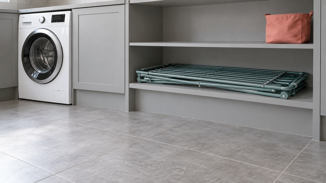 A folded teal drying rack rests flat on an open laundry shelf, with clearance above it and an unobstructed floor area for retrieval.