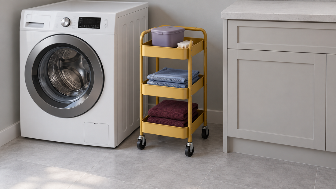 A mustard-yellow rolling laundry cart stands beside a white washer, with clear floor space in front for moving it out and returning it.