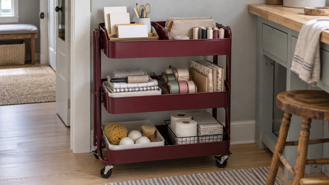 Burgundy rolling storage cart with household supplies separated into distinct categories on shared shelves