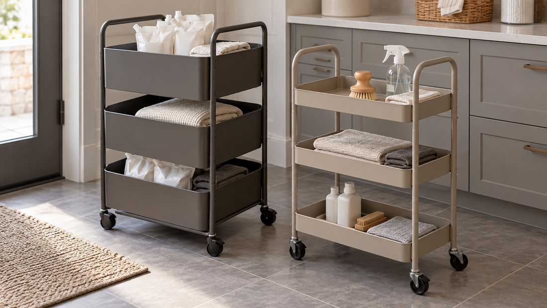 Deep basket rolling cart beside a shallow shelf cart holding everyday household supplies