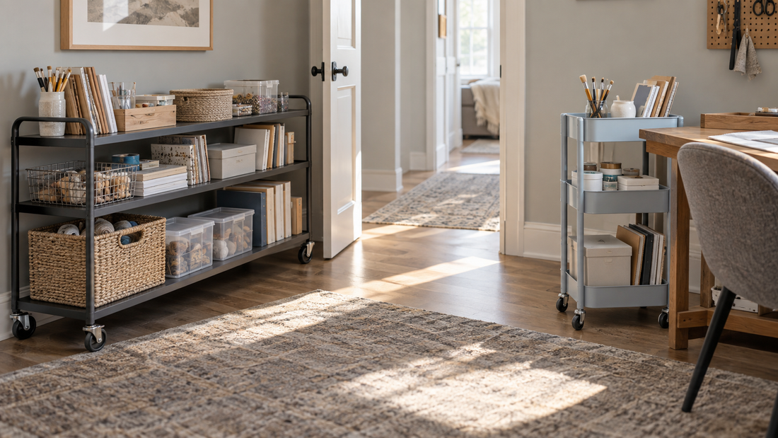 Wide storage cart along a wall and compact rolling cart beside a desk in the same home workroom