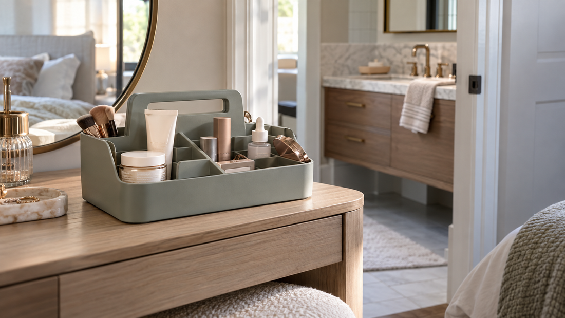 Portable beauty organizer on a bedroom vanity beside an open doorway to the bathroom