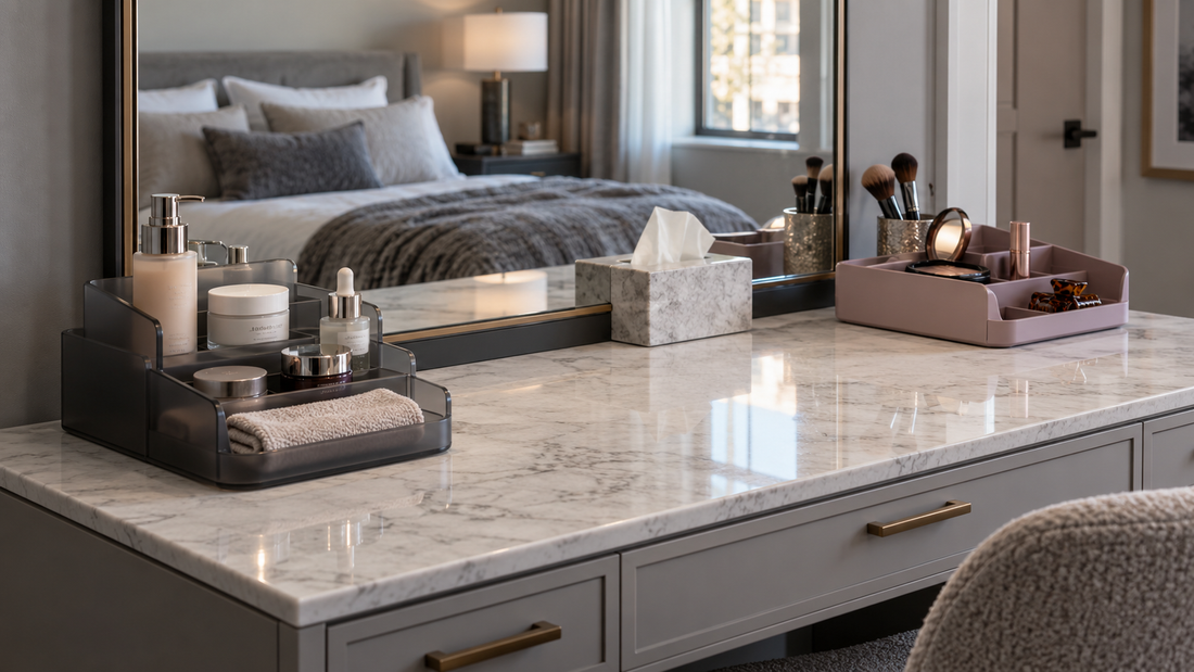 Two separate vanity organizers keep skincare and makeup arranged on a marble countertop.