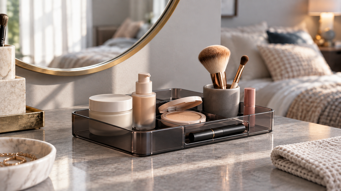 Everyday skincare and makeup products grouped in a low vanity organizer for one beauty routine