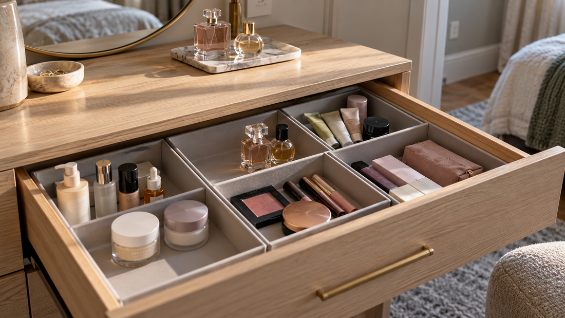 Growing beauty collection arranged in separate compartments with room for new products in a vanity drawer