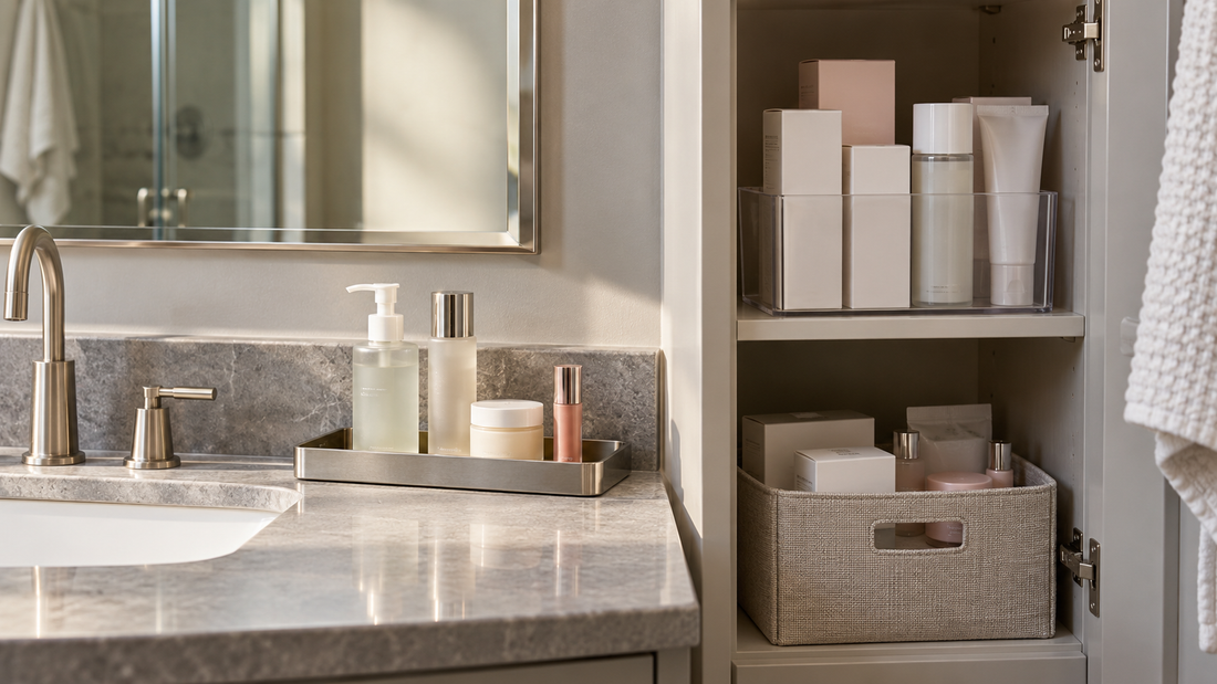 Open beauty products on a bathroom vanity with unopened backups stored separately in a cabinet