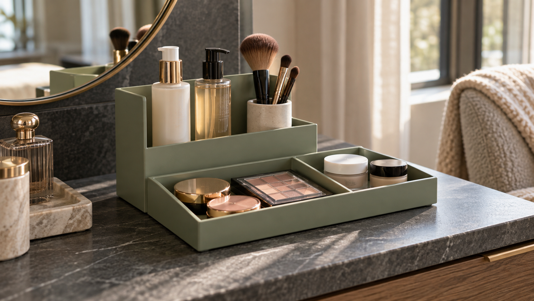 Tall beauty bottles and brushes stored upright behind shallow compartments for compacts and cream jars