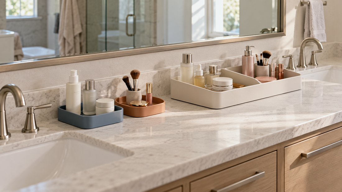 Two individual beauty organizers and one divided shared organizer on a double vanity