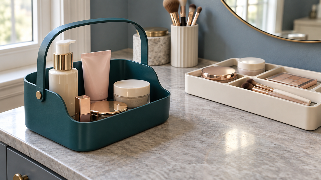 Handled beauty caddy beside an open countertop organizer for a daily beauty routine