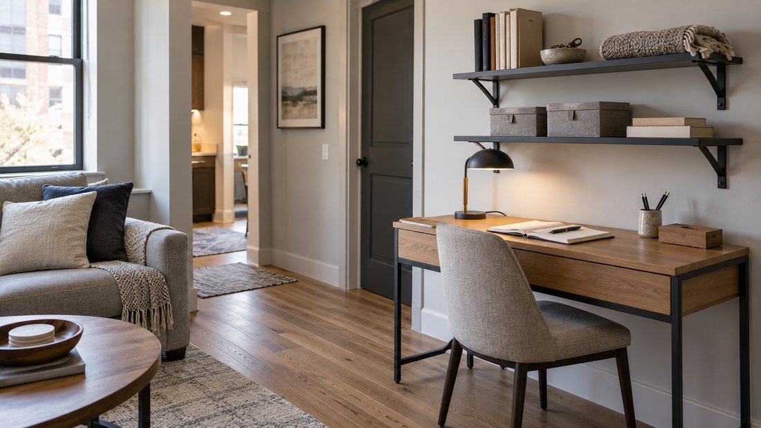 Wall shelves above a compact desk provide storage while keeping the floor walkway clear