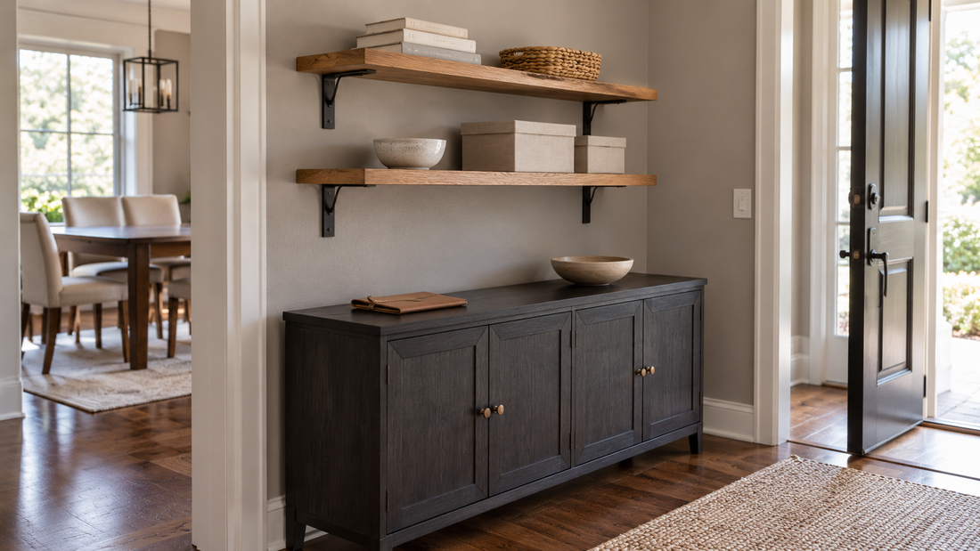 Wall-mounted shelves add storage above an existing cabinet without taking up entryway floor space