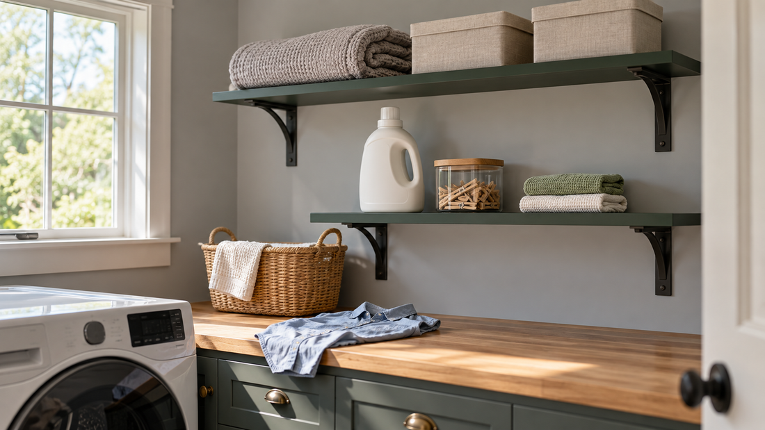 Daily laundry supplies on an easy-to-reach wall shelf with occasional items stored above
