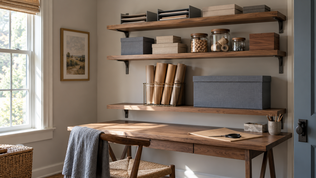 Wall shelves with varied spacing hold tall wrapping paper rolls, medium storage boxes, and shallow paper trays above a craft table.