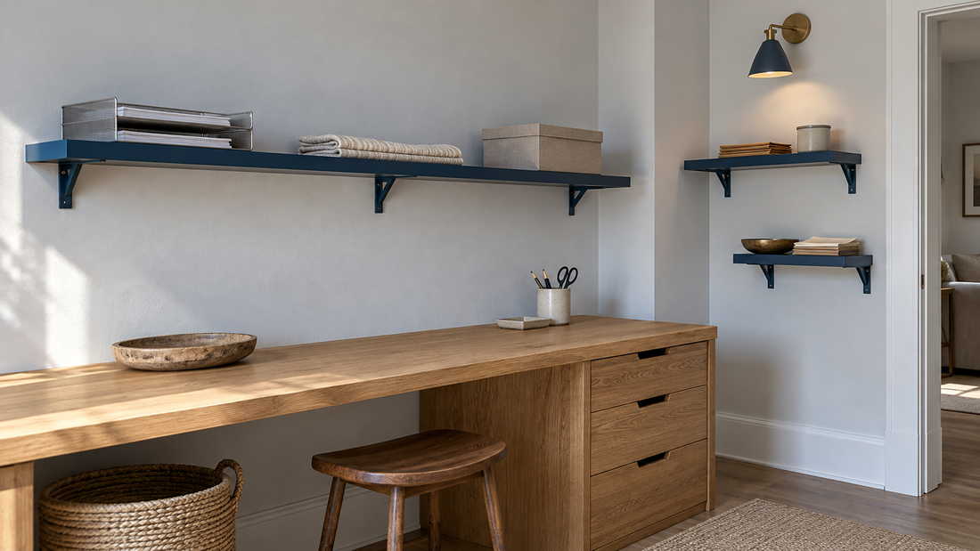 One long wall shelf above a work surface contrasts with two shorter shelves on an adjacent wall.