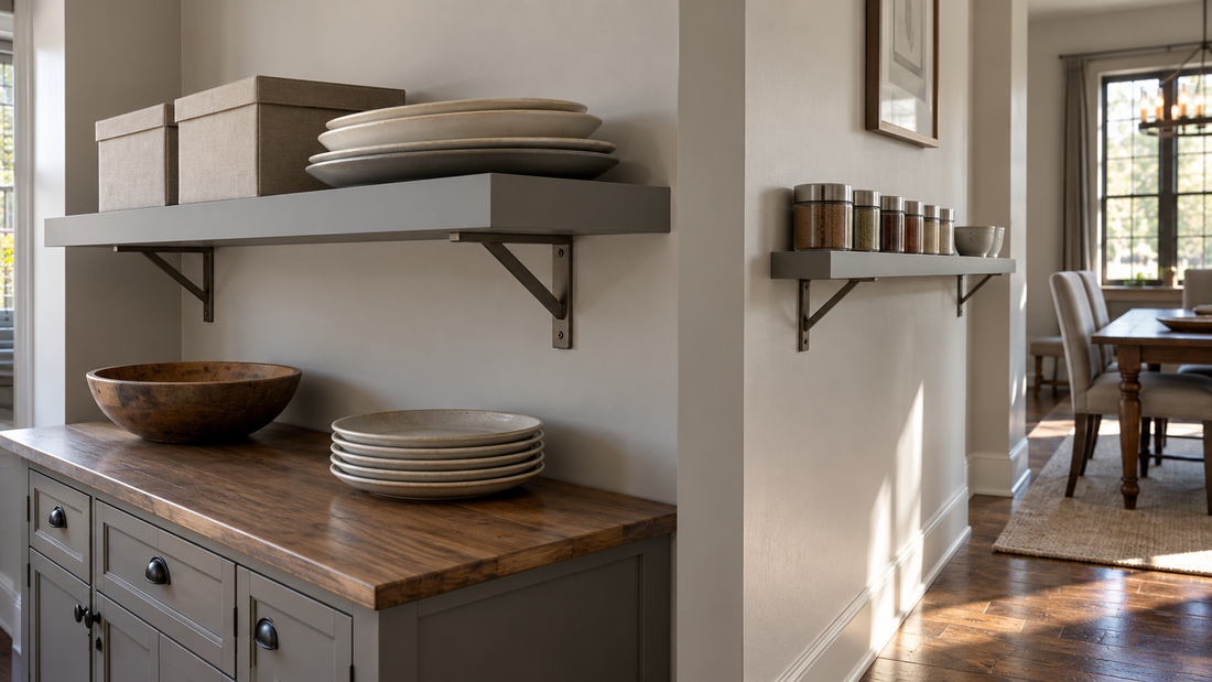 A deep wall shelf holds storage boxes and serving platters, while a shallow shelf holds small jars beside a walkway.