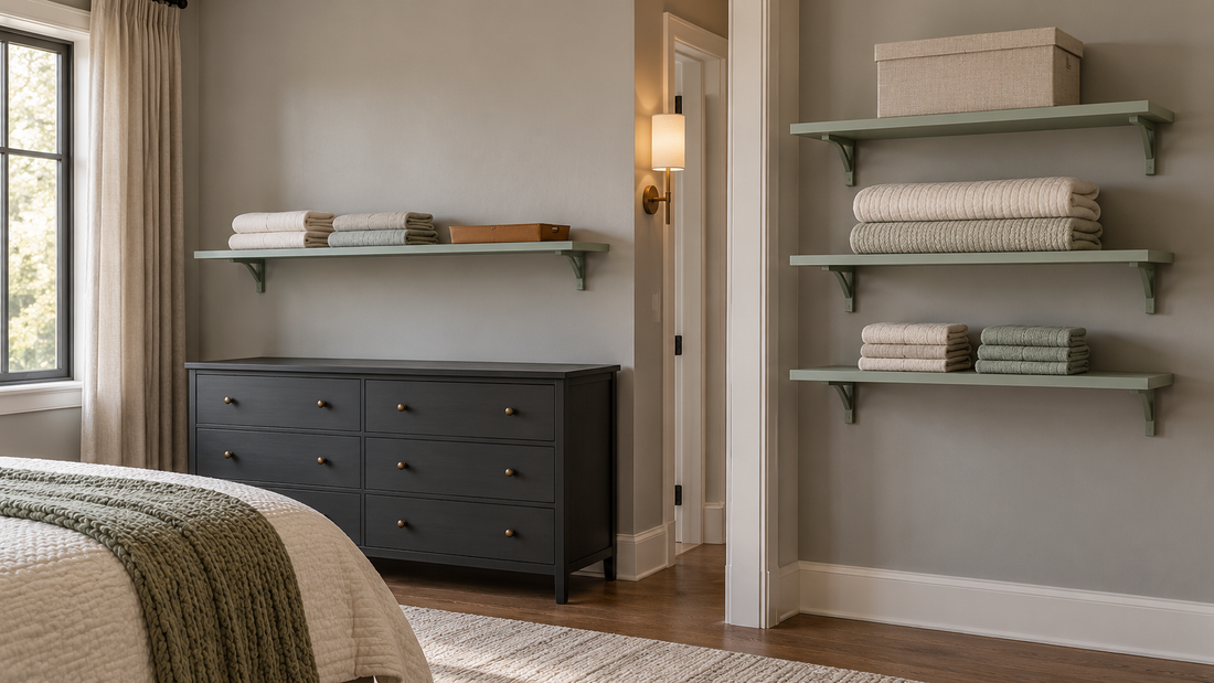 A single wall shelf above a dresser contrasts with three vertically stacked shelves holding linens in the same bedroom.