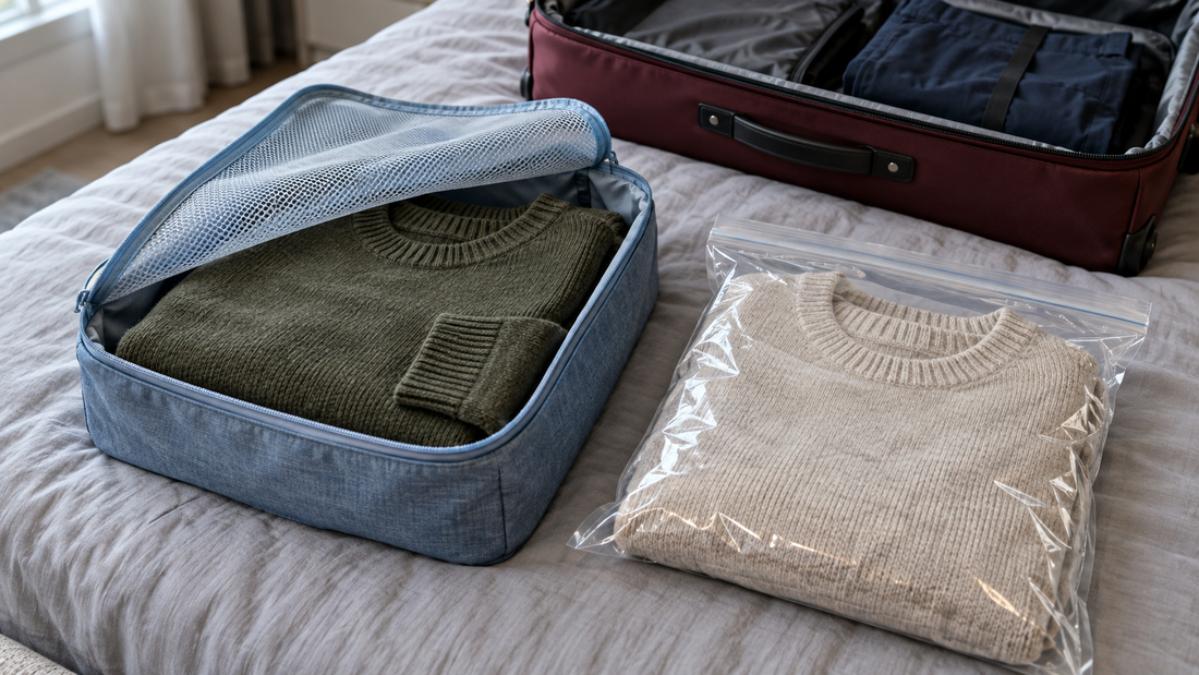 An olive sweater in a blue mesh-top garment pouch beside an oatmeal sweater in a clear plastic storage bag, with an open suitcase behind them.