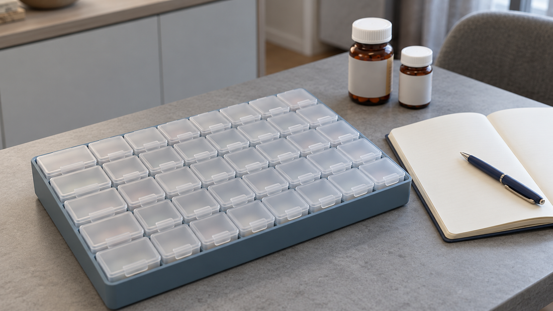 A blue medicine organizer with individually closed compartments sits beside an open notebook, pen, and two medicine bottles on a gray tabletop.